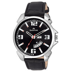 Swisstone WT95-BLACK Black Dial Black Leather Strap Day Date wrist watch for Men/Boys