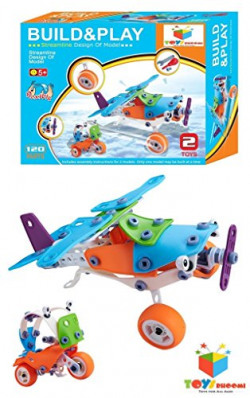Toys Bhoomi 2 IN 1 Take-Apart 3D Model Airplane & Motorcycle Assembly Construction Building Blocks Puzzles DIY Playset with Screw Nuts & Tools