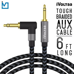 iVoltaa 3.5mm Braided 6 Ft. Long Aux (Auxiliary) Audio Cable With Right Angled Jack (90 Degree) For Apple / Android (Space Black)