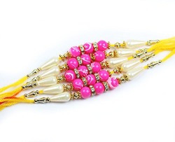 MJR Beautiful Pink Beads with White Pearls Rakhi [Combo Of 5 Rakhis For Brother(Men/Boys)] + Roli Chawal
