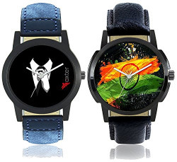 Foxter Men National Flag Dial and Gentlemen Black Dial Leather Strap Watches Combo of 2