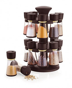 Floraware 16-Jar Revolving Spice Rack Masala Box, Dark Brown,Plastic