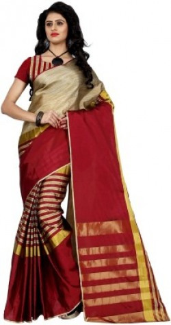 Trendz Style Printed, Striped Fashion Tussar Silk, Cotton Linen Blend Saree