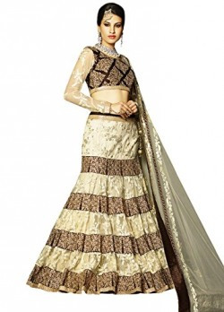 KVSFAB Women's Beige Brown Net lehenga with Saree[KVS 10004Moh]