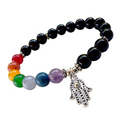 Young & Forever D'vine Spiritual Unisex Hamsa Hand Onyx Beads 7 chakra Reiki Healing Bracelet B55332