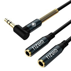 Tizum 3.5mm Audio Splitter-X2 Female Aux Jack, Premium Gold Plated Right Angle Connector with Spring Jacket (Grey)