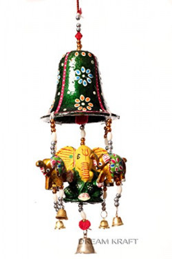 DreamKraft Paper Mache Big Bell With Ganesh & Elephant Decorative Door Hangings For Festival Wall Home Decoration (58 CM) (Green)