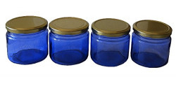 Pure Source India Premium Quality Blue Color glass jar set of 4 pcs with Metal Golden color Cap Air Tight , Capacity 150 Gram about .