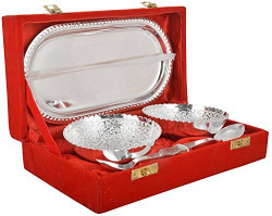 Diwali Super Sale Gift idea sale GreenTouch Handicrafts Brass Bowl, Spoon & Tray Set, 5 Piece, Silver in gift velvet box