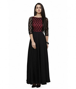 Royal Export Women's Lace and Crepe Fabric Gown (Black & Red) (Maroon, Large)