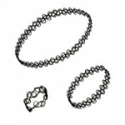 Beingwomen Black Plastic Tattoo Choker Necklace With , Ring & Bracelet For Women / Girls