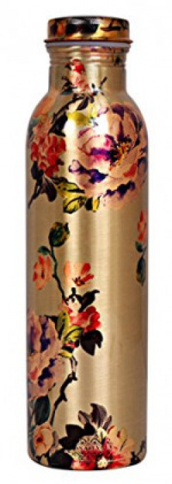 IndianArtVilla Printed Flower Design Copper Bottle, Storage Water & Travelling Purpose, 1000 ML, Golden