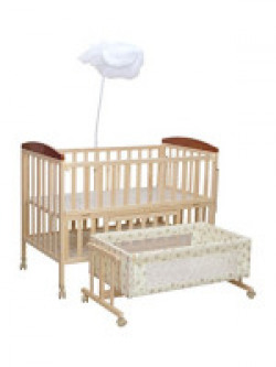 Mee Mee Baby Wooden Cot with Swing and Mosquito Net, Natural Pine