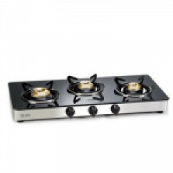 GLEN 1033 Glass Gas Stove 3 Brass Burner Cooktop, ISI Certified