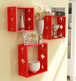 Home Sparkle Sh688 Wall Shelf, Set of 3 (Lacquer Finish, Red)