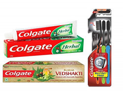 Colgate Herbal Toothpaste - 200 g with Swarna Vedshakti Toothpaste - 200 g and Slim Soft Charcoal Toothbrush
