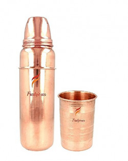 Frabjous Pure Copper Combo of Thermos Bottle and Glass 900 and 300ml, Brown