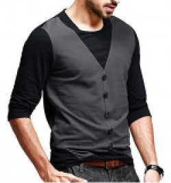 Seven Rocks Men's Waist Coat Style Cotton Black Tshirt(M-WC-BL_Black)