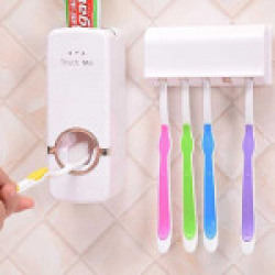 b&m Plastic Automatic Toothpaste Dispenser with Tooth Brush Holder for Homes and Bathrooms (Multicolour, 16x10.5x7.6cm)