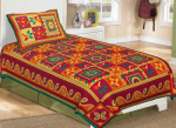 RajasthaniKart Classic Kantha Print 144 TC Cotton Single Bedsheet with Pillow Cover - Green