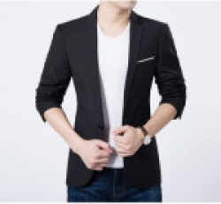 one click Solid Single Breasted Party, Festive, Casual Men's Blazer(Black)