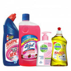 Lizol Disinfectant Floor Cleaner - 975 ml (Floral) with Harpic Original Powerplus - 1 L, Dettol Skincare Liquid Handwash- 200 ml and Dettol Kitchen Gel - 400 ml (Lime)