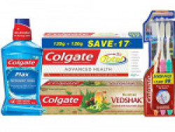 Colgate Total Toothpaste - 240 g with Swarna Vedshakti Toothpaste - 200 g and Plax Freshmint Mouthwash - 250 ml with Free Slim Soft Toothbrush