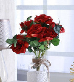 Fourwalls Artificial Decorative Polyester and Plastic Rose Flower Bunch (10 cm x 15 cm x 35 cm, Red)