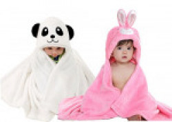 My NewBorn Baby's Soft Flannel Hood Cum Blanket Wrap, 0-3 Months (Pink and White, MN-SOFT-C2-PANDA-WHITE-RABBIT-PINK)- Pack of 2