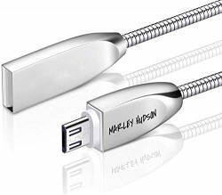 Marley Hudson Metal USB 3.0 Fast Charging Data Sync Cable Stainless Steel Spring Shield Cord for Android Devices (mhspringandrcab, Silver)