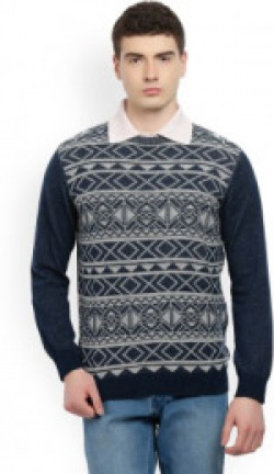 Wrangler Self Design Round Neck Casual Men White, Blue Sweater