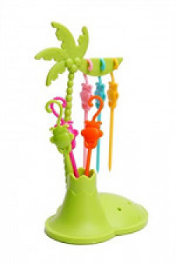 Lake26 Coconut Tree Fruit Fork Stand with Monkey Shape Fruit Fork (1 Stand with 6 Monkey Shape Forks, Random Color)