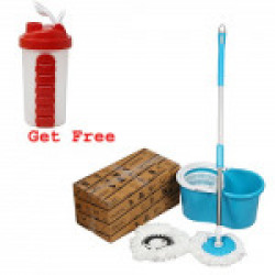 GTC 360° Spin Floor Cleaning Magic mop PVC Bucket Mop with 2 Microfiber Heads and Get Free Pill Box Organizer With Water Bottle Weekly Seven Compartments With Drinking Bottle