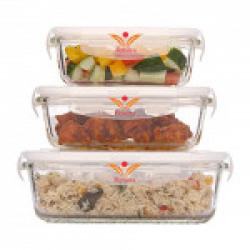Femora Borosilicate Rectangular Glass Food Storage Container With Air Vent Lid-Set Of 3 Pcs - (400ml, 620 ml, 1000 ml)
