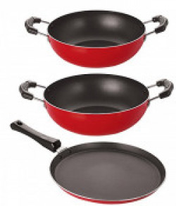 Nirlon Non-Stick Aluminium Cookware Set, 3-Pieces, Red/Black (2.6mm_FT12_KD13_KD14)