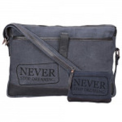 NEUDIS Genuine Leather & Recycled Stone Washed Canvas Sleek Laptop Messanger Bag - Never Stop Dreaming - Blue