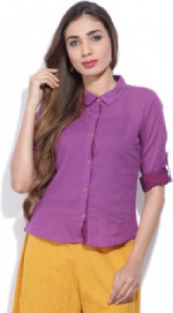 Mother Earth Casual Roll-up Sleeve Solid Women's Purple Top