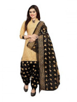Sretan Women's Cotton Salwar suit Un stitched Dress Material (Beige and Black)