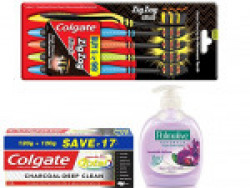 Colgate Total Charcoal Deep Clean Toothpaste - 240 g with Palmolive Natural Hand Wash - 250 ml (Black Orchid and Milk) and Colgate Zigzag Toothbrush - Black (Pack of 5, Medium)