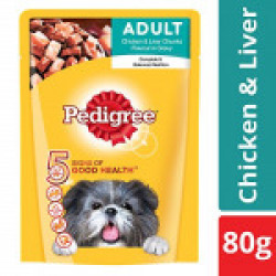 Pedigree Wet Dog Food, Chicken & Liver Chunks in Gravy for Adult Dogs – 80g Pouch (Sample)
