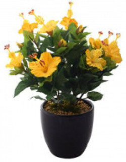 Fourwalls Artificial Hibiscus Flowers in Glazed Ceramic Vase (Yellow)