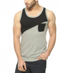 GRITSTONES Men's Cotton Sleeveless Round Neck T-Shirt (Grey Melange/Black, Large)