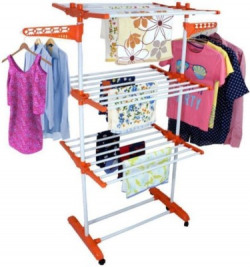 SHP TRUSTED singly pole clothes rack stand 3-tier Carbon Steel, Plastic Floor Cloth Dryer Stand(Orange)