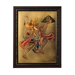 eCraftIndia Flying Hanuman Framed Synthetic Wood Laminated Golden Foil (28 cm x 1.3 cm x 38.1 cm)