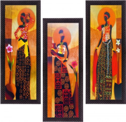 eCraftIndia Set Of 3 Tribal Village Ladies Satin Matt Textured Canvas 16 inch x 21 inch Painting