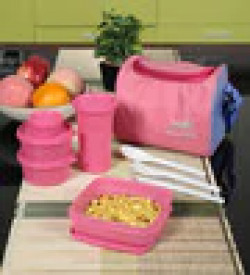 Cello Max Fresh Sling With Bag Pink Plastic Lunch Box - Set Of 5