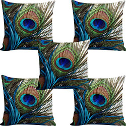 b7 CREATIONS® Peacock Digital Printed Jute Cushion Cover Set of 5-16x16 inch