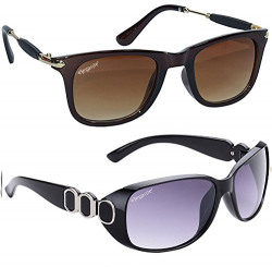 ELEGANTE UV Protected Brown Square and Oversized Purple Women's Sunglasses Combo