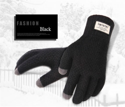 iwinter Winter Autumn Men Knitted Cycling Gloves Touch Screen Male Thicken Warm Wool Cashmere Solid Gloves Business Mitten - Black