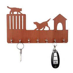Sehaz Artworks Cat Dog Wooden Key Holder (25 cm x 11 cm x 0.3 cm, Brown)